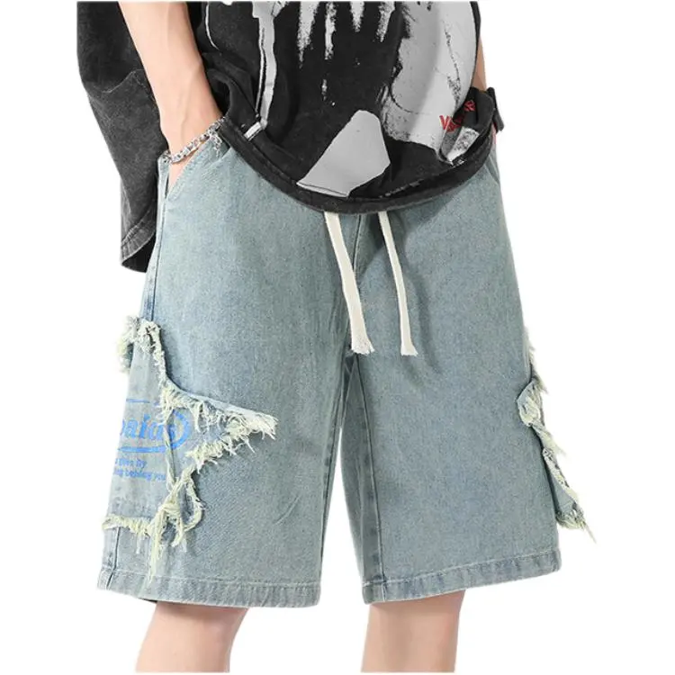 HKRXEC Denim Shorts Men Nostalgic Blue-5