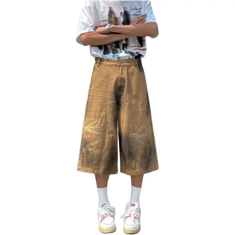HKRXEC Denim Shorts Men Khaki-1