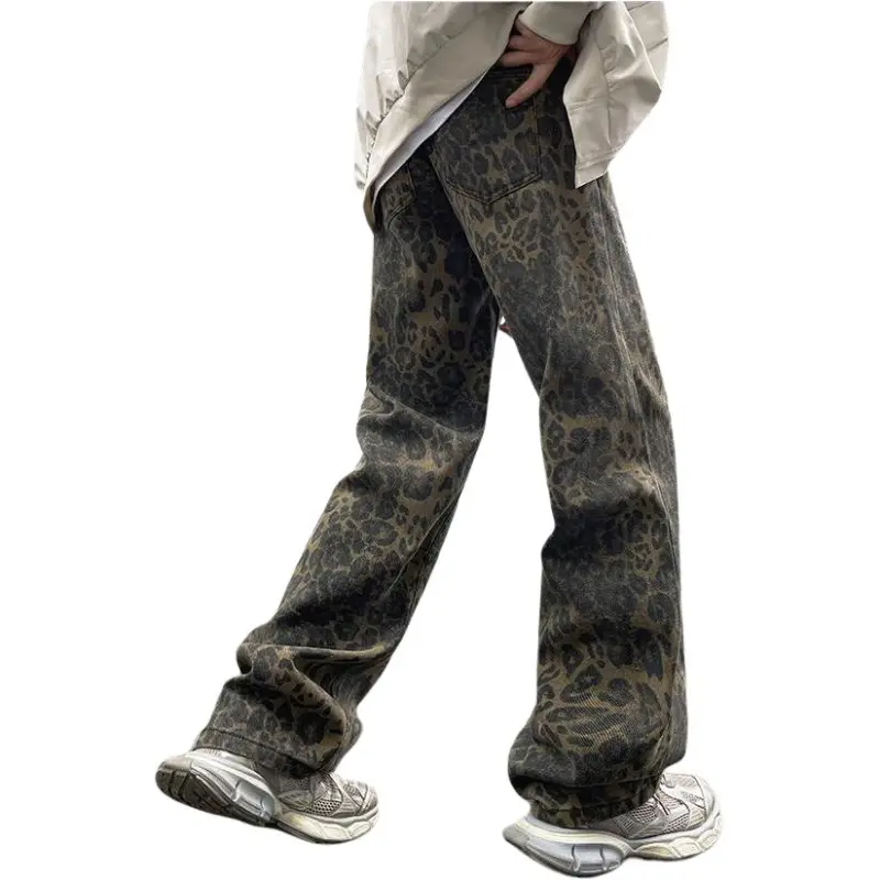 HKRXEC Jeans Men Brown Leopard Print-5