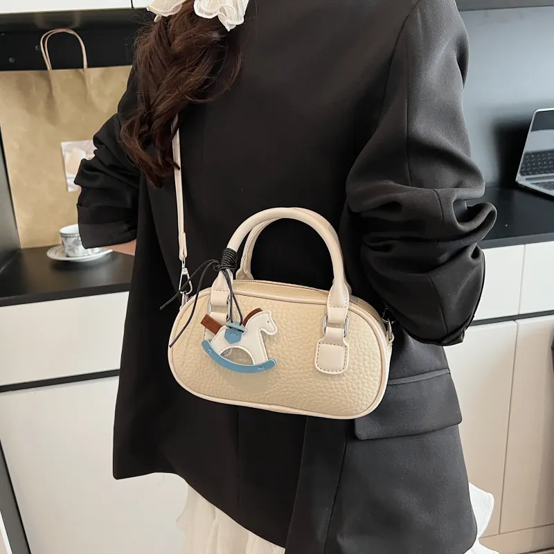 XIANGSU Pu Boston Bag, One Shoulder Handbag Women's Blue/Ecru/Pink-15