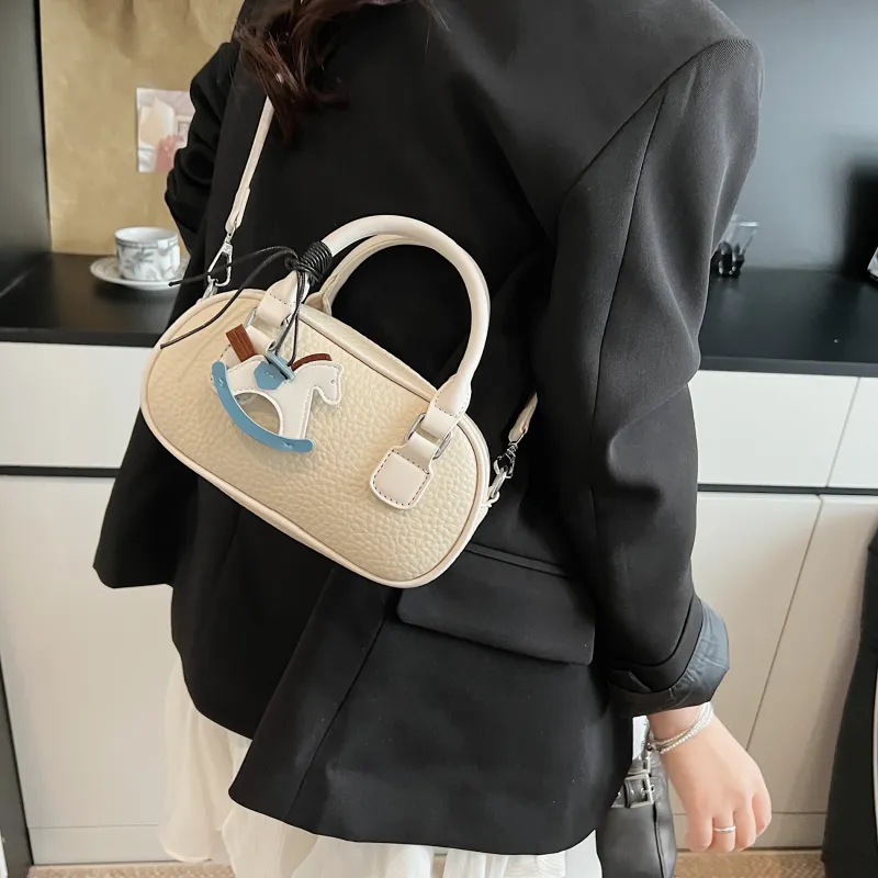XIANGSU Pu Boston Bag, One Shoulder Handbag Women's Blue/Ecru/Pink-17