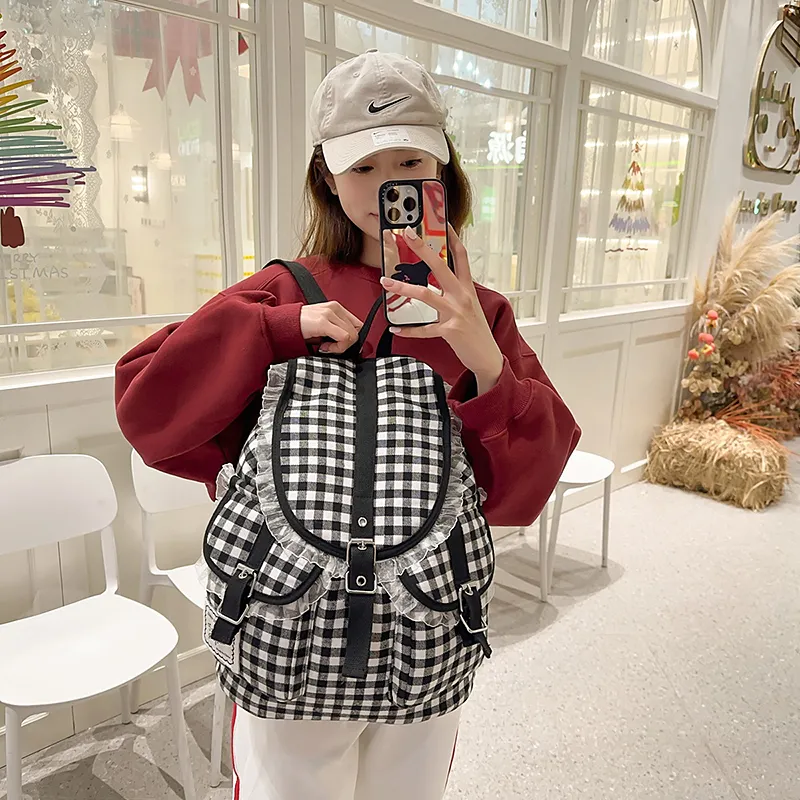 XIANGSU Nylon Backpack Women's Black & White-6