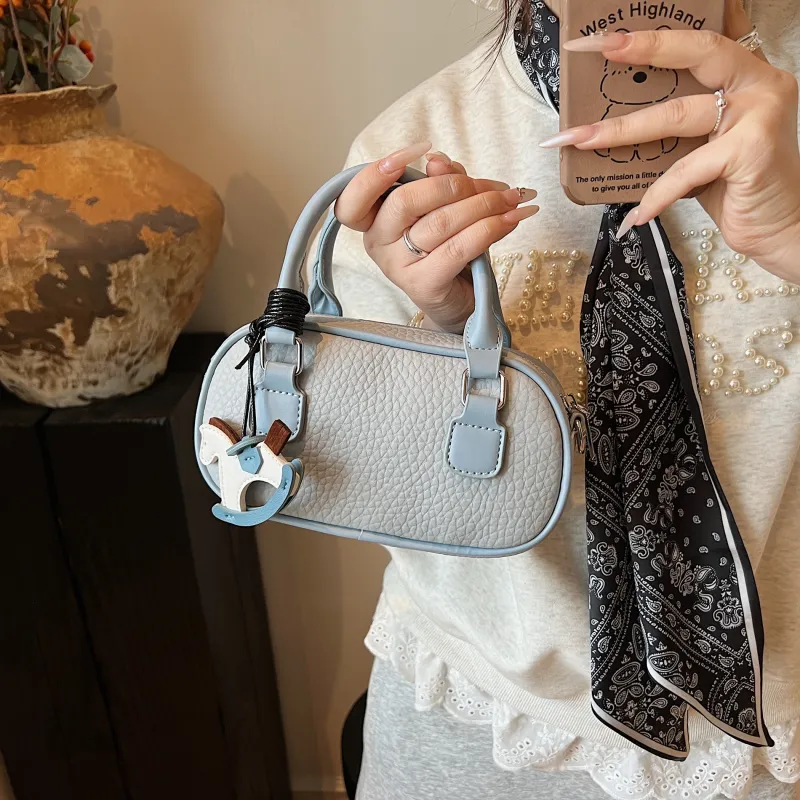 XIANGSU Pu Boston Bag, One Shoulder Handbag Women's Blue/Ecru/Pink-5