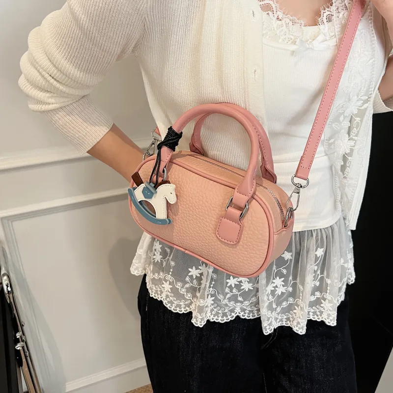 XIANGSU Pu Boston Bag, One Shoulder Handbag Women's Blue/Ecru/Pink-7