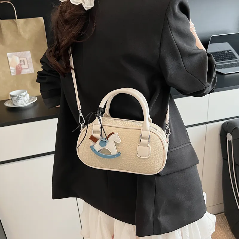 XIANGSU Pu Boston Bag, One Shoulder Handbag Women's Blue/Ecru/Pink-16