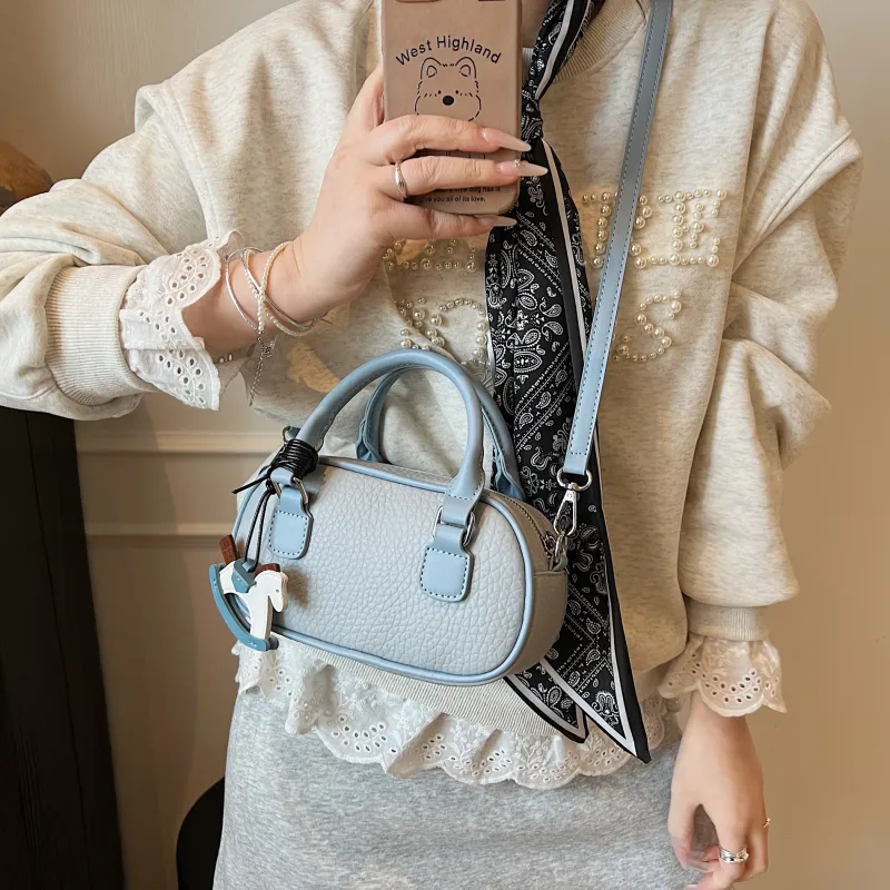 XIANGSU Pu Boston Bag, One Shoulder Handbag Women's Blue/Ecru/Pink-2