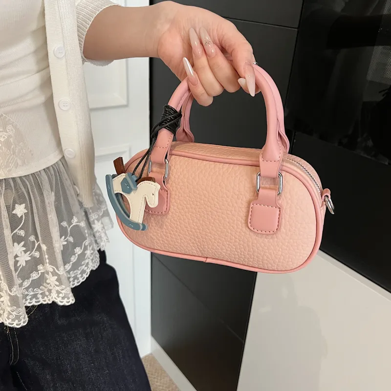 XIANGSU Pu Boston Bag, One Shoulder Handbag Women's Blue/Ecru/Pink-10