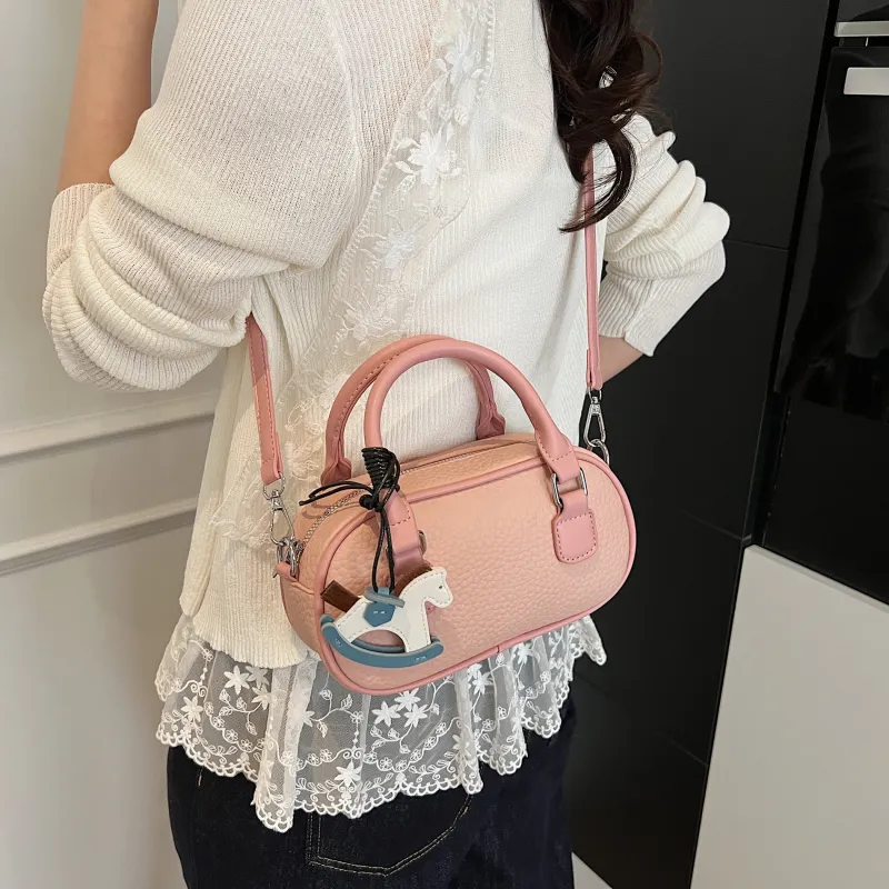 XIANGSU Pu Boston Bag, One Shoulder Handbag Women's Blue/Ecru/Pink-9