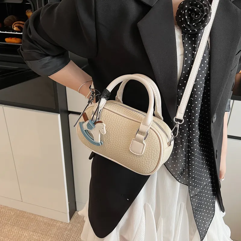 XIANGSU Pu Boston Bag, One Shoulder Handbag Women's Blue/Ecru/Pink-14