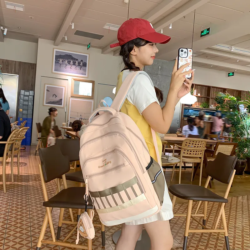 XIANGSU Nylon Backpack Regular Unisex Pink/Black/Gray/White/Brown-1