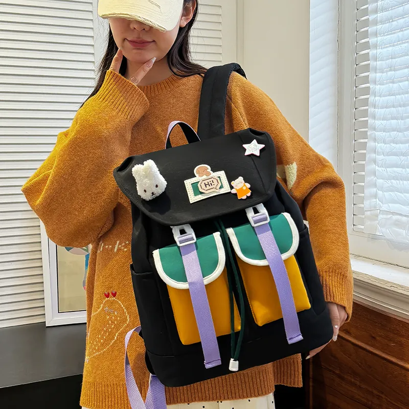 XIANGSU Nylon Backpack Unisex Purple/Green/Black-14