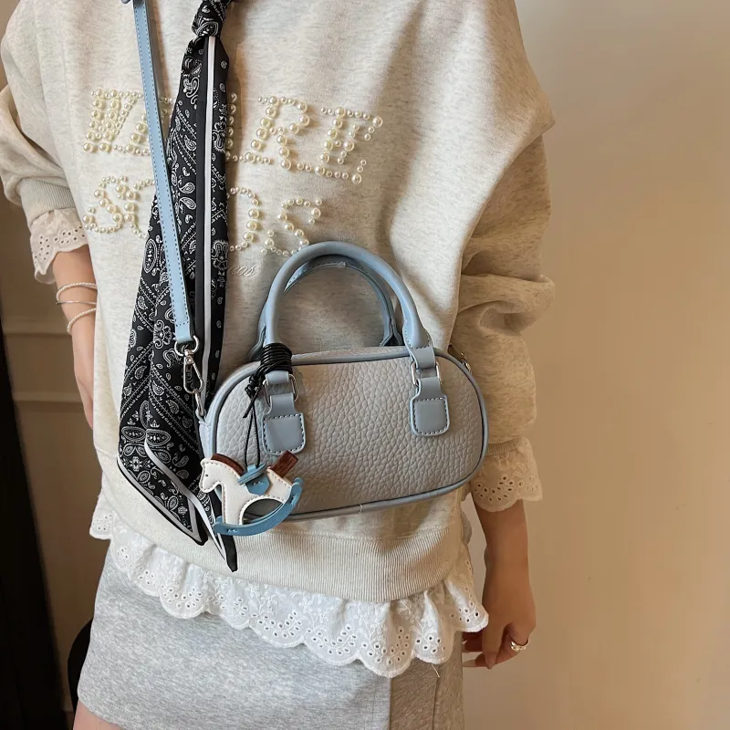 XIANGSU Pu Boston Bag, One Shoulder Handbag Women's Blue/Ecru/Pink-1