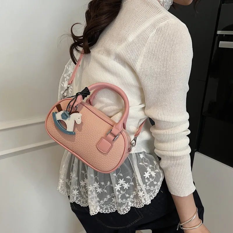 XIANGSU Pu Boston Bag, One Shoulder Handbag Women's Blue/Ecru/Pink-8