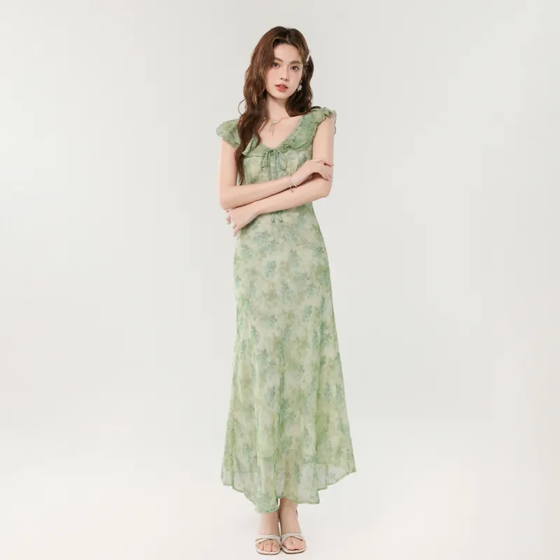 ERIRI Sleeveless Dresses Women's Green Floral-1
