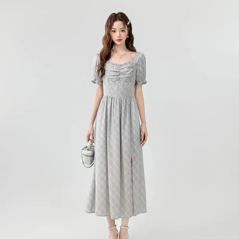 ERIRI Short Sleeved Dress Women's Plaid-2