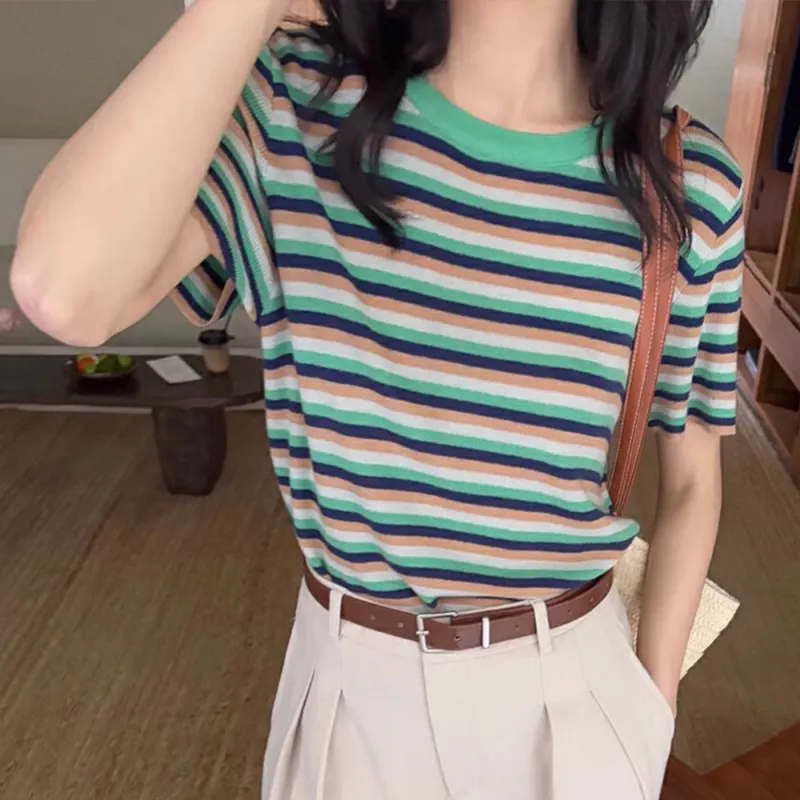 ERIRI Knitwear Women's Green Collar Stripes-1
