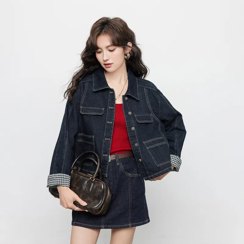 ERIRI Denim Jackets Women's Dark Denim Blue-1