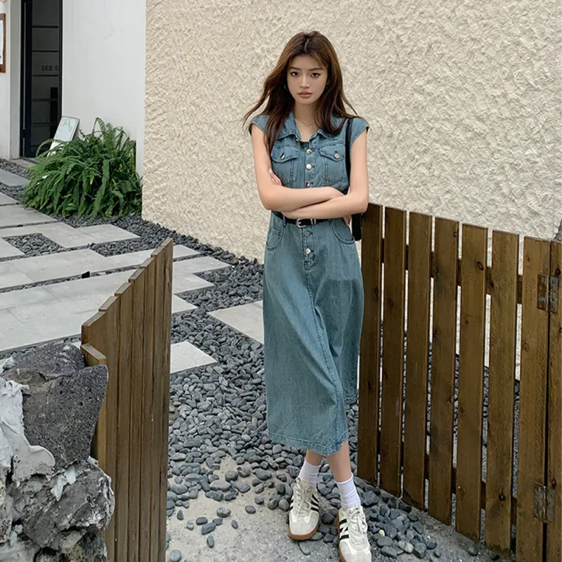 ERIRI Sleeveless Dresses Women's Denim Blue-4