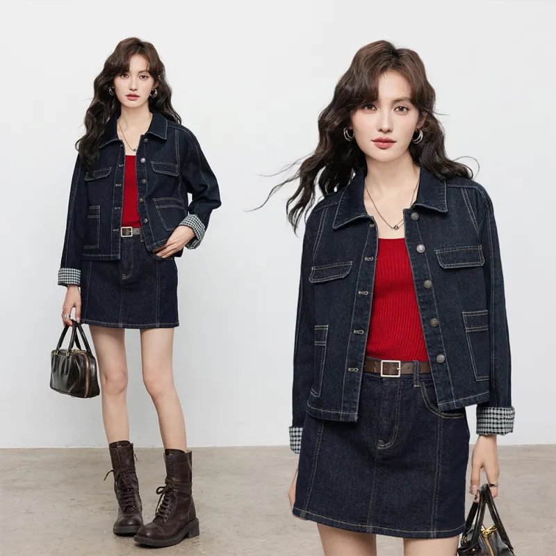 ERIRI Denim Jackets Women's Dark Denim Blue-2