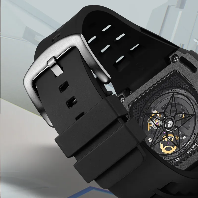 Respect The Time Mechanical Movement Silicone Strap Watch Men's Watches Black Dial-4