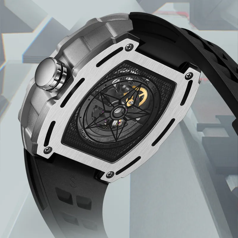 Respect The Time Mechanical Movement Silicone Strap Watch Men's Watches Black Dial-8