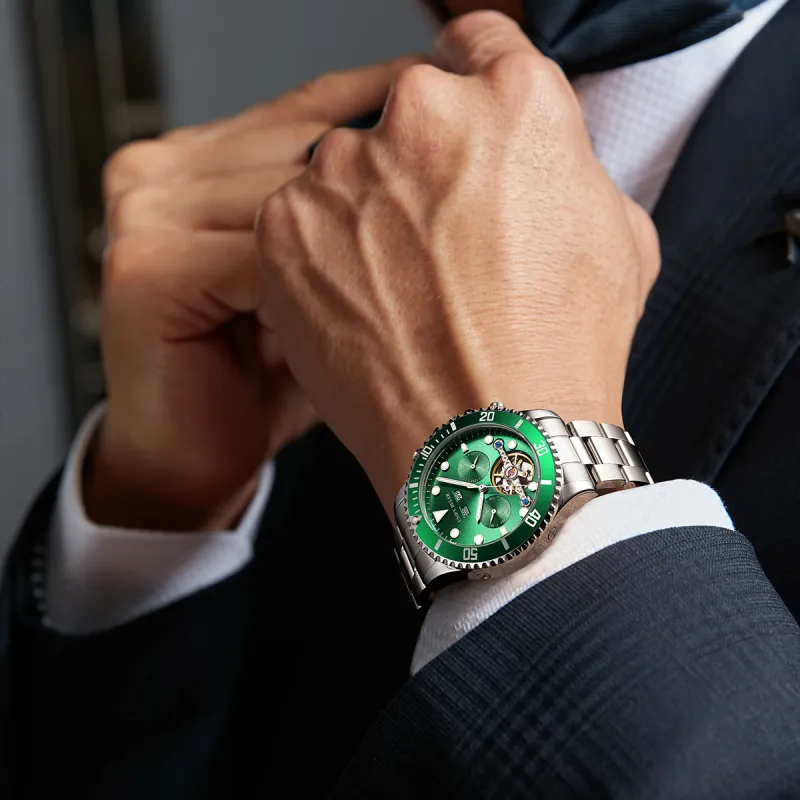 Respect The Time Mechanical Movement Metal Strap Watch Men's Watches Green Dial-5