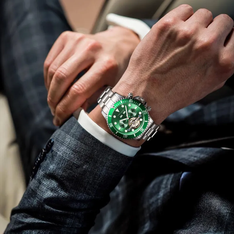 Respect The Time Mechanical Movement Metal Strap Watch Men's Watches Green Dial-6