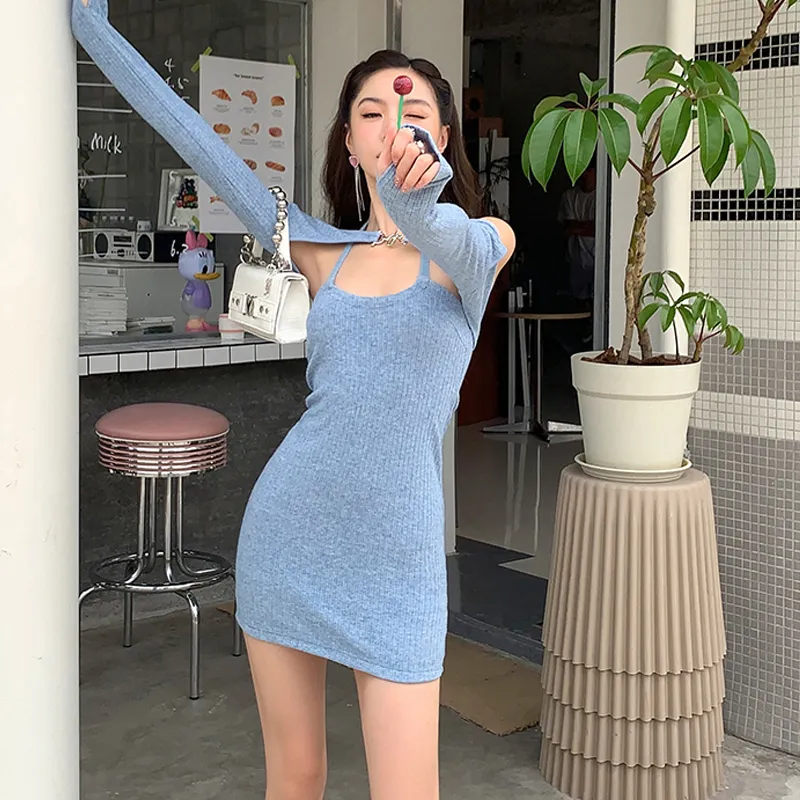 Long Sleeved Dresses Women's Blue Single Item-6