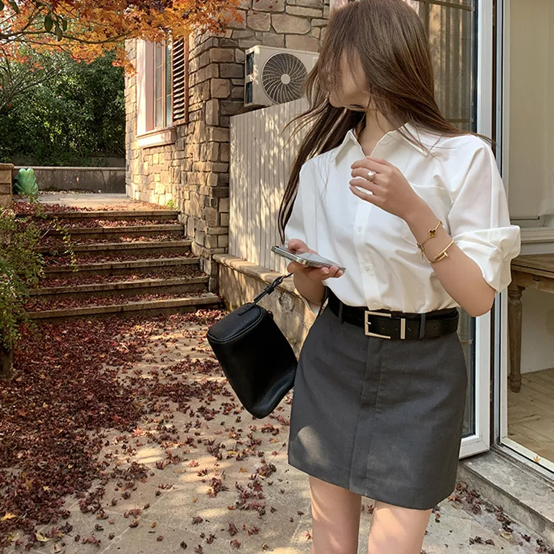 JOSR Short Sleeved Dress Women's White Top/Gray Skirt-5