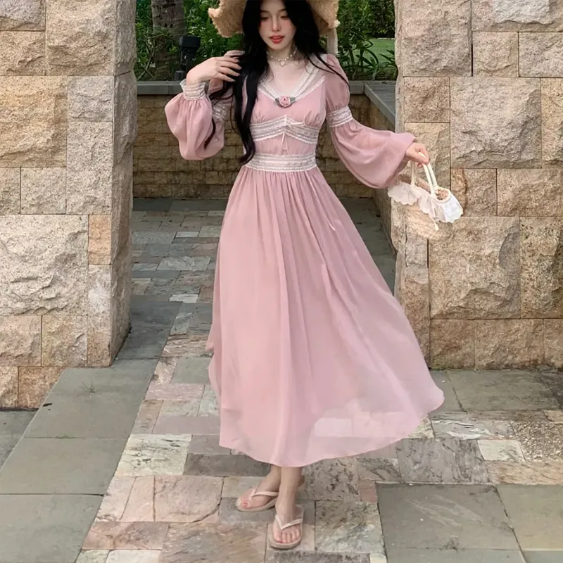 Long Sleeved Dress Women's Pink Single Item-2