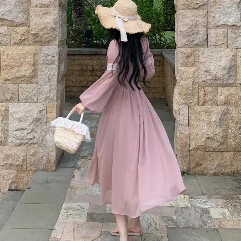 Long Sleeved Dress Women's Pink Single Item-3
