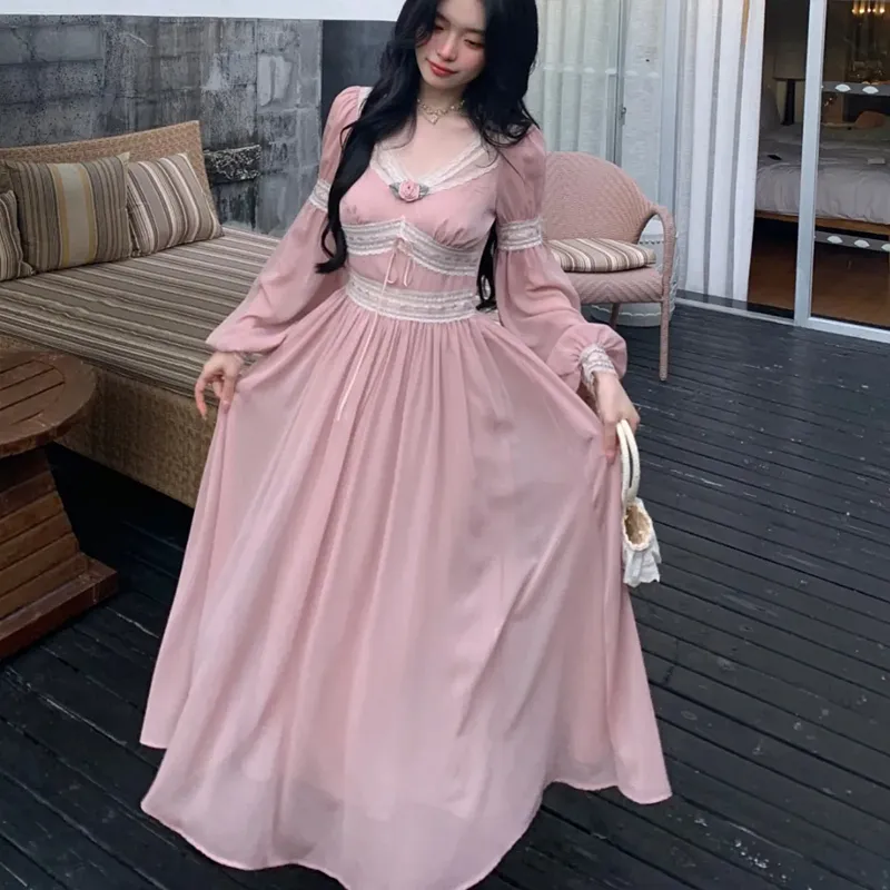 Long Sleeved Dress Women's Pink Single Item-4