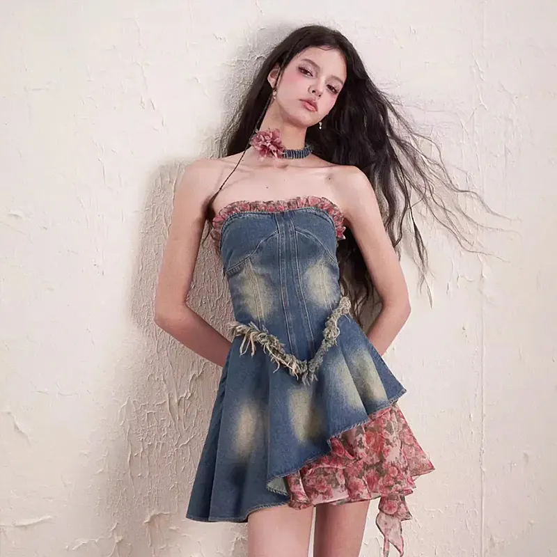 KUNZHUDAXIANG Sleeveless Dress Women's Denim Blue-7