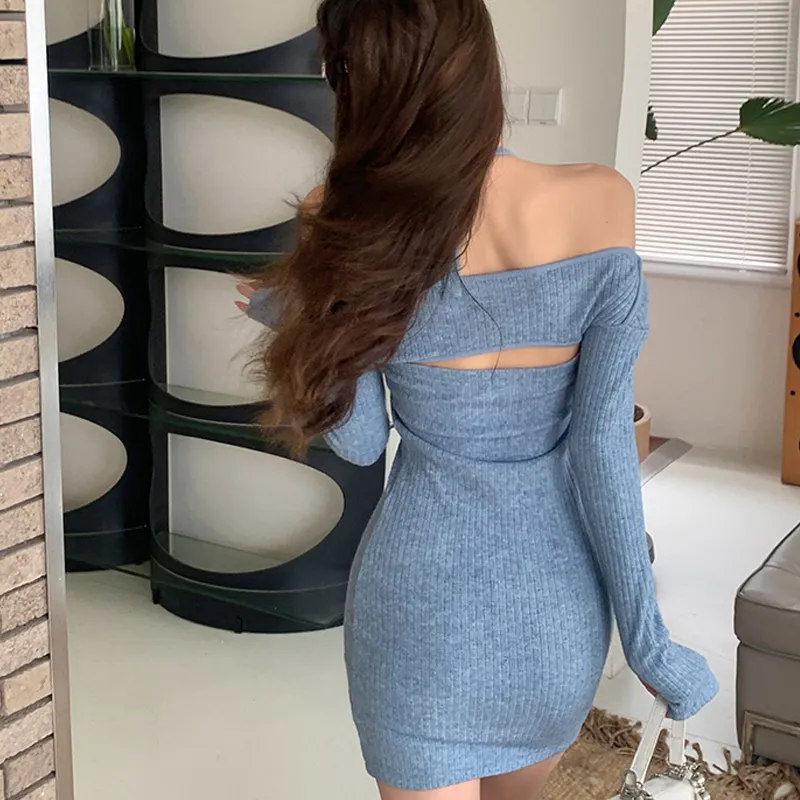 Long Sleeved Dresses Women's Blue Single Item-7