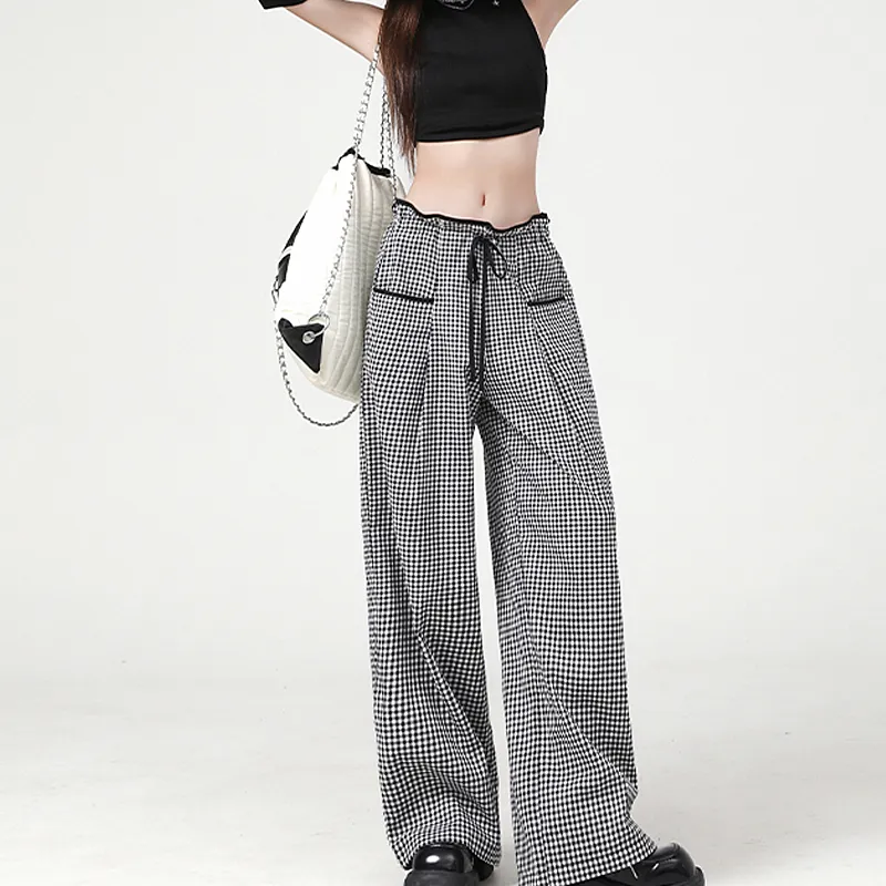 JOSR Casual Pants Women's Black White Plaid-4