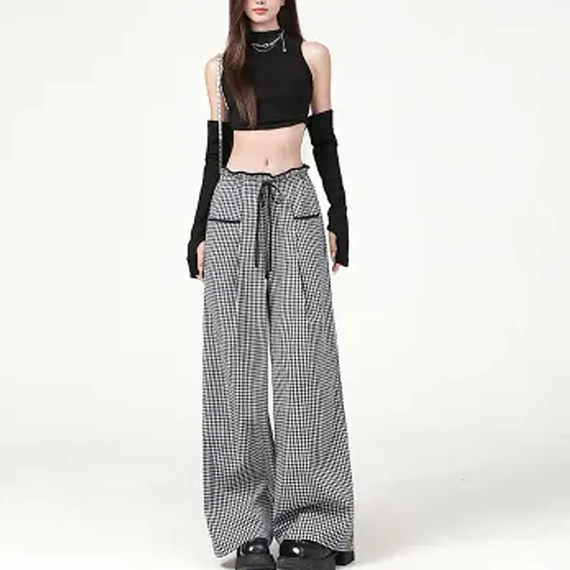 JOSR Casual Pants Women's Black White Plaid-3