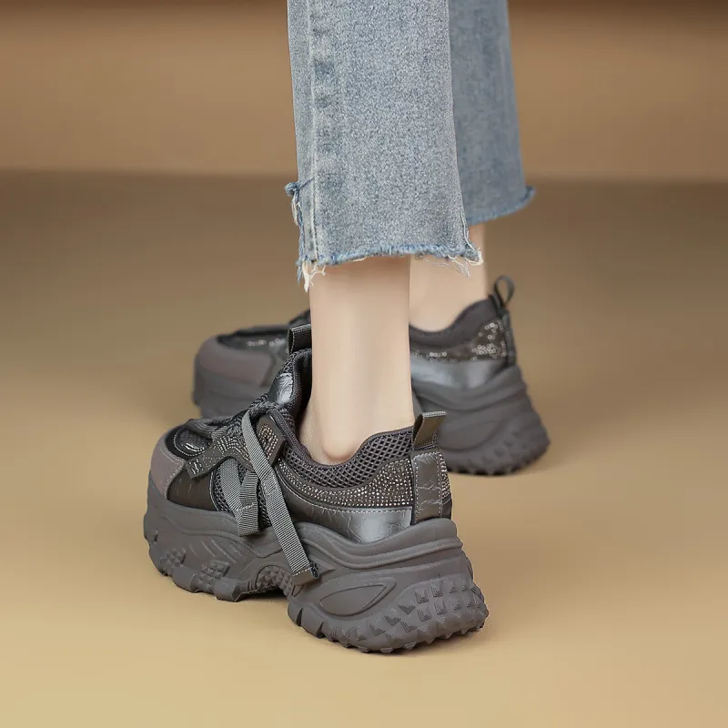 FOXER Abrasion Resistant, Lightweight, And Breathable Low Top Chunky Sneakers Women's Gray-2