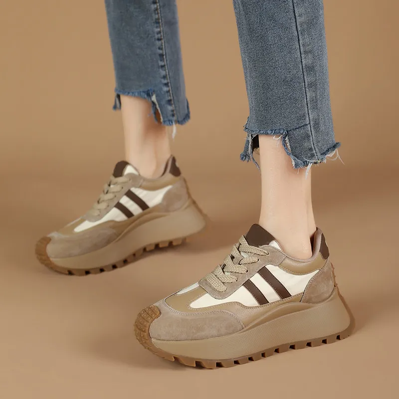 FOXER Height Increasing Abrasion Resistant Slip Resistant Low Top Casual Shoes Women's Khaki/Red-9