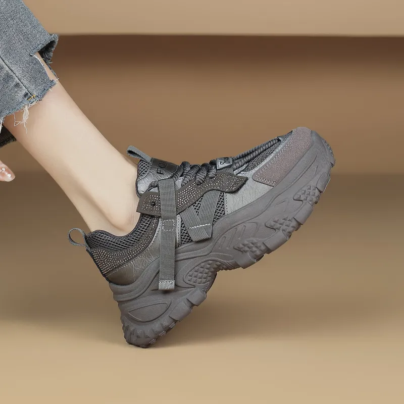 FOXER Abrasion Resistant, Lightweight, And Breathable Low Top Chunky Sneakers Women's Gray-3