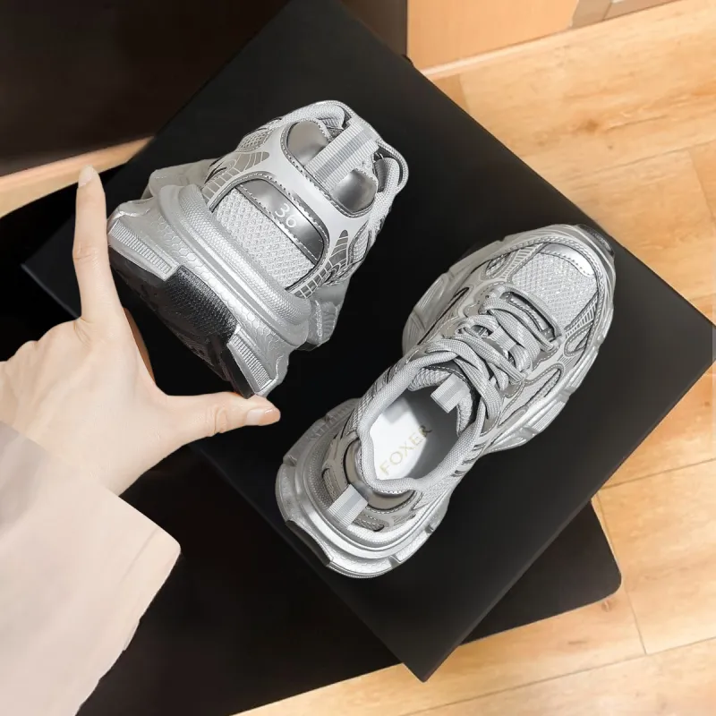 FOXER Slip Resistant Low Top Chunky Sneakers Women's Silver-1