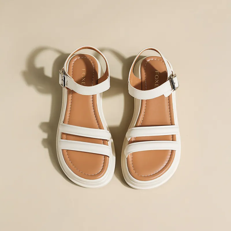 FOXER Chunky Heel Square Toe Small Leather Shoes One Strap Sandals Women's-3