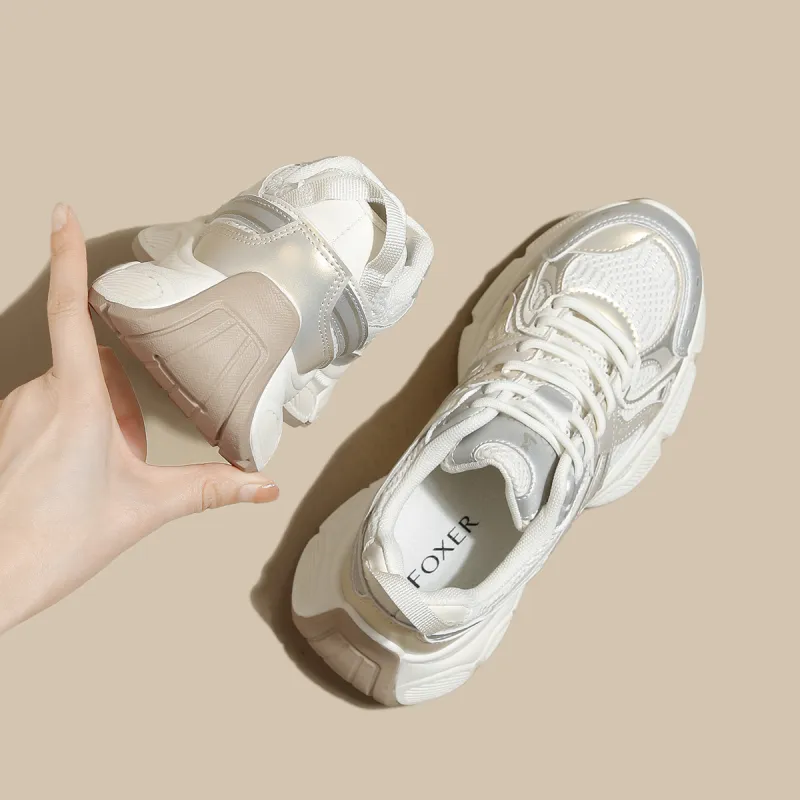 FOXER Abrasion Resistant, Breathable, Lightweight, Height Increasing Low Top Casual Shoes Women's Beige Gold-4