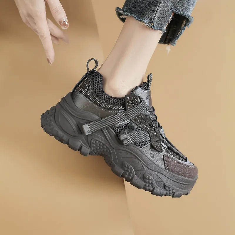 FOXER Abrasion Resistant, Lightweight, And Breathable Low Top Chunky Sneakers Women's Gray-4