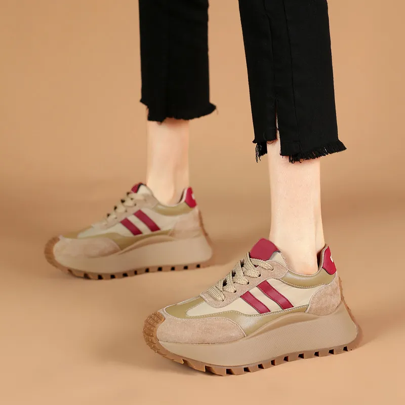 FOXER Height Increasing Abrasion Resistant Slip Resistant Low Top Casual Shoes Women's Khaki/Red-14