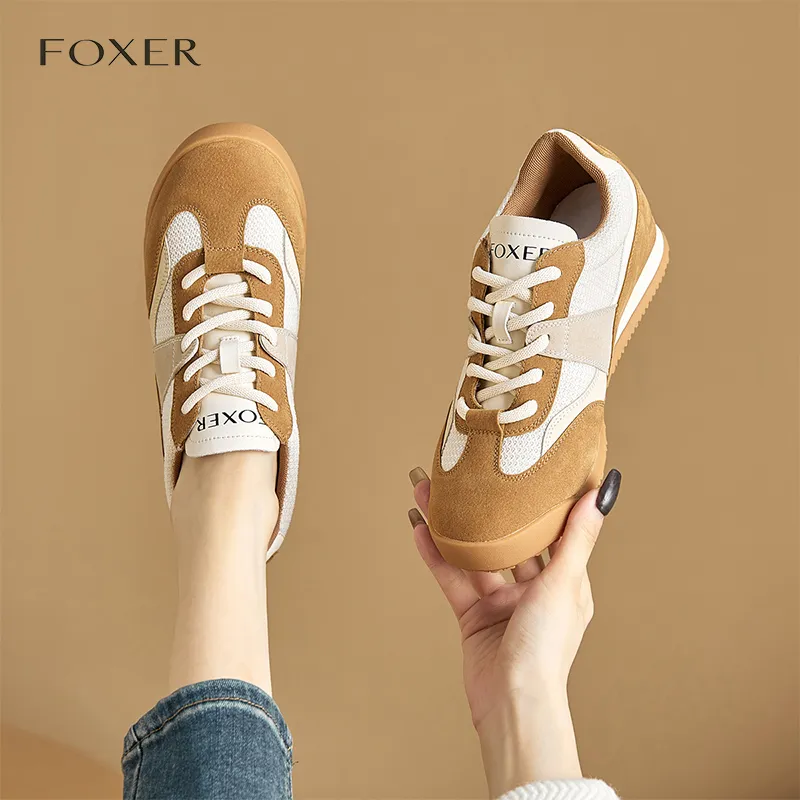 FOXER Cushioning Abrasion Resistant Lightweight Height Increasing Mat Low Top Casual Shoes Women's Beige Brown-3