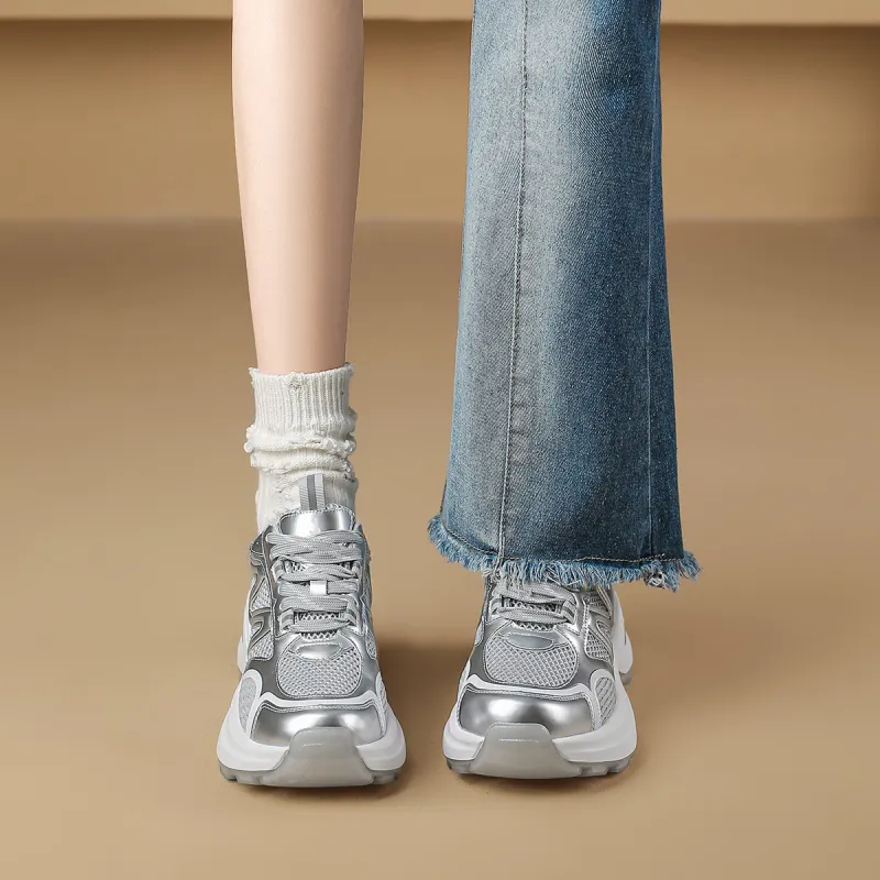 FOXER Minimalist Fashion Style Height And Slimming Elegant Advanced Feel Low-Top Chunky Sneakers Women's Gray-1