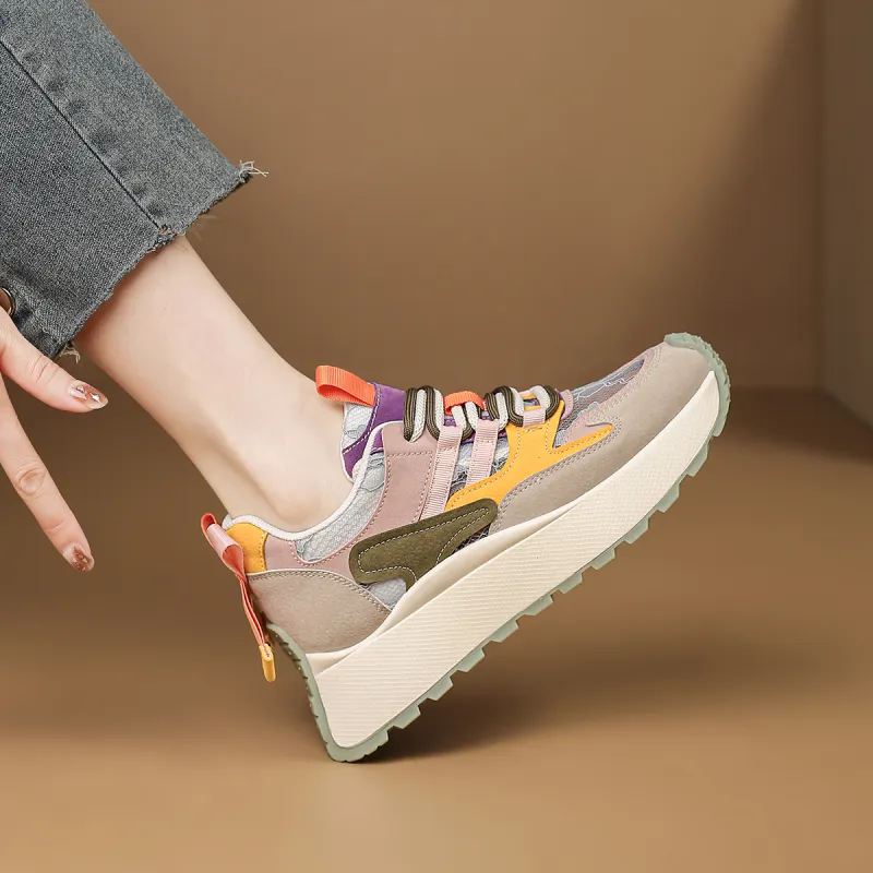 FOXER Cushioning Abrasion Resistant Lightweight Height Increasing Mat Low Top Chunky Sneakers Women's Beige/Pink/Yellow-12