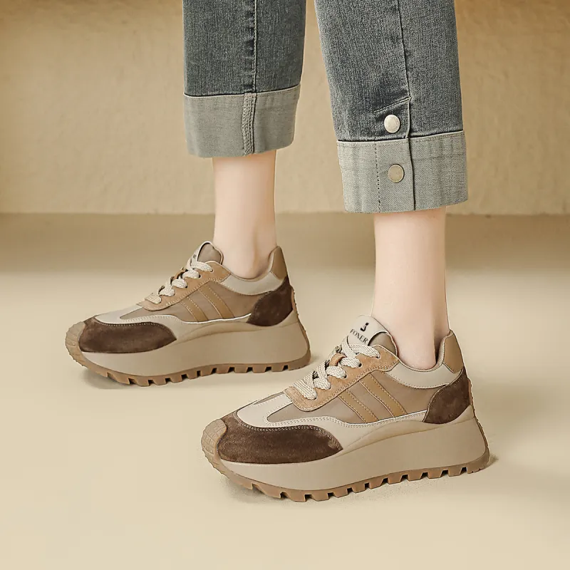 FOXER Height Increasing Abrasion Resistant Slip Resistant Low Top Casual Shoes Women's Khaki/Red-1