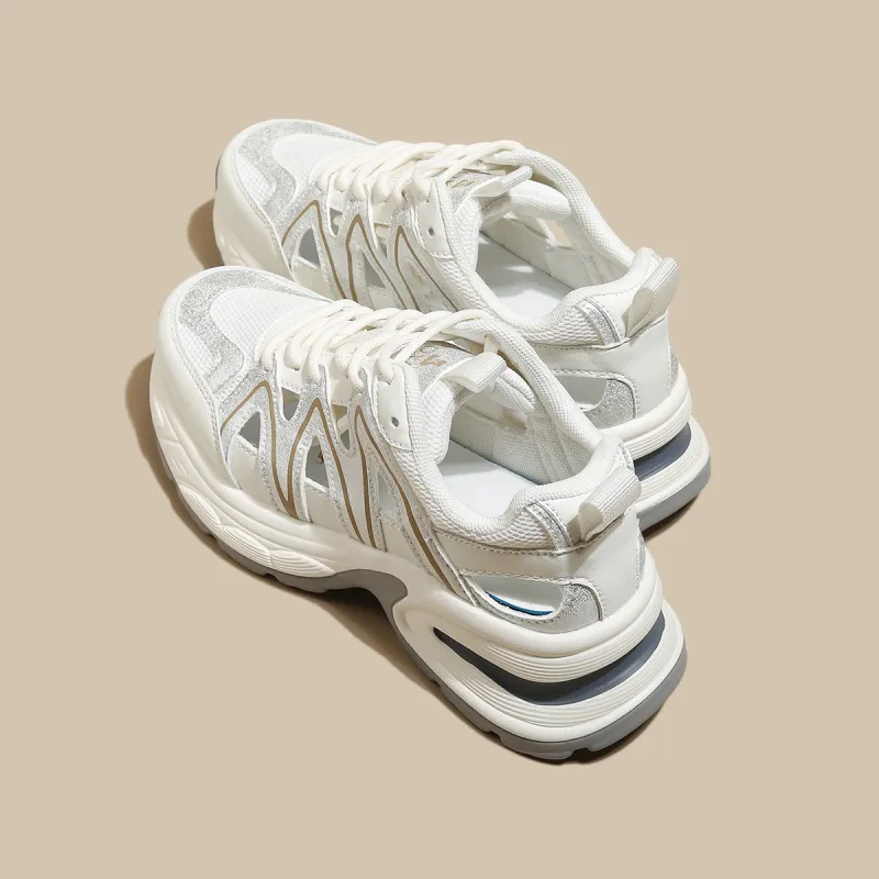 FOXER Slip Resistant, Abrasion Resistant, Breathable Low Top Chunky Sneakers Women's Beige Silver-1