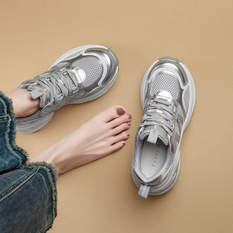 FOXER Minimalist Fashion Style Height And Slimming Elegant Advanced Feel Low-Top Chunky Sneakers Women's Gray-2